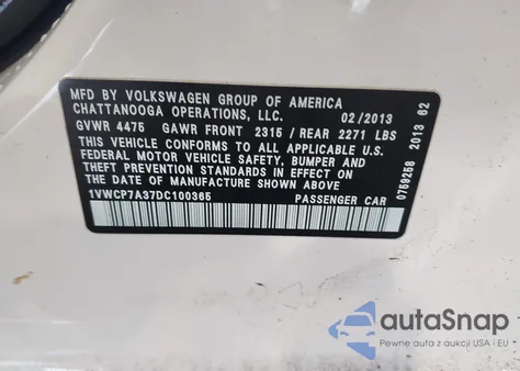 2013 Volkswagen Passat 2.5L Sel из США, поврежденный, VIN 1VWCP7A37DC100365